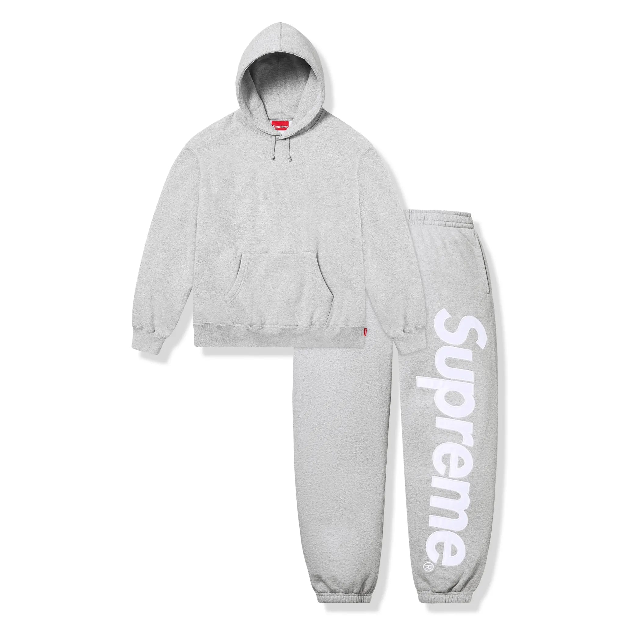 Front View of Supreme Satin Appliqué Heather Grey Hoodie & Sweatpants (FW25) FW25SW77-HEATHER GREY | FW25P93- HEATHER GREY